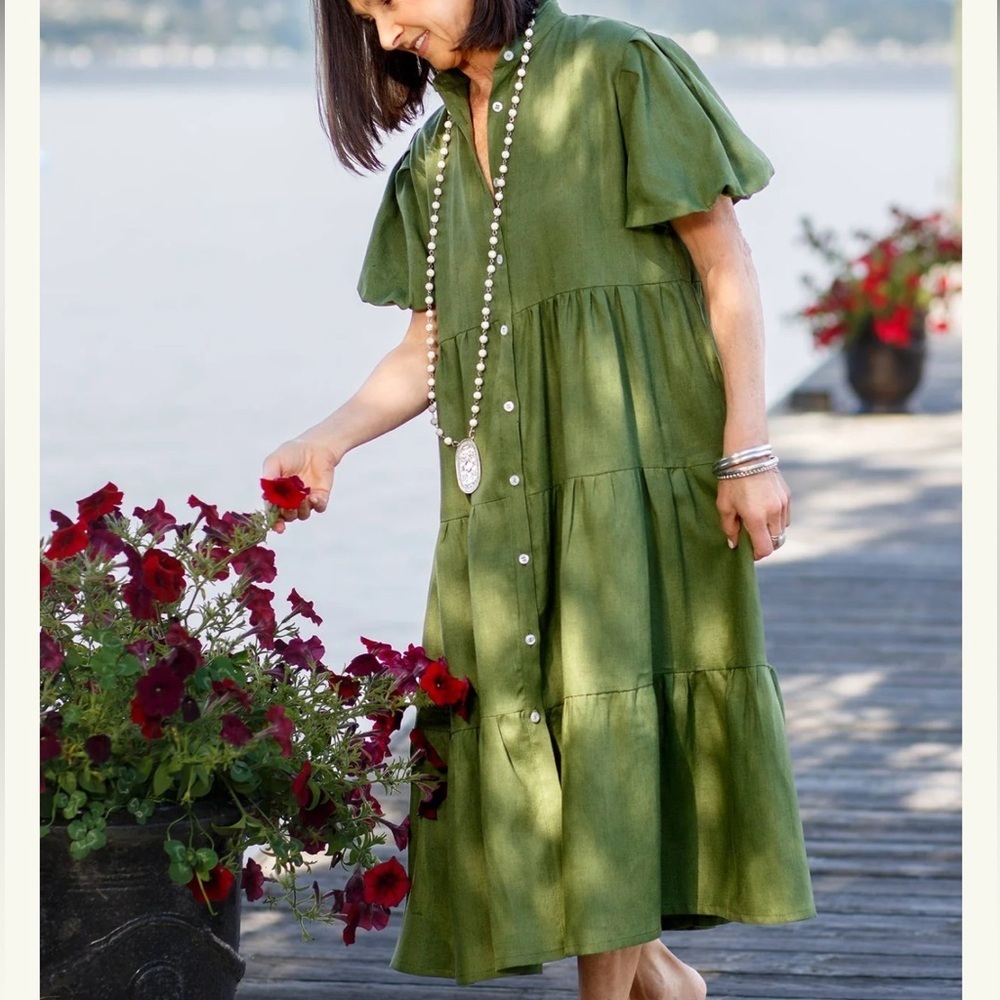NWT Phoebe Tiered 100% Linen Dress Crown Linen Designs Arte Italica Green - Picture 2 of 12